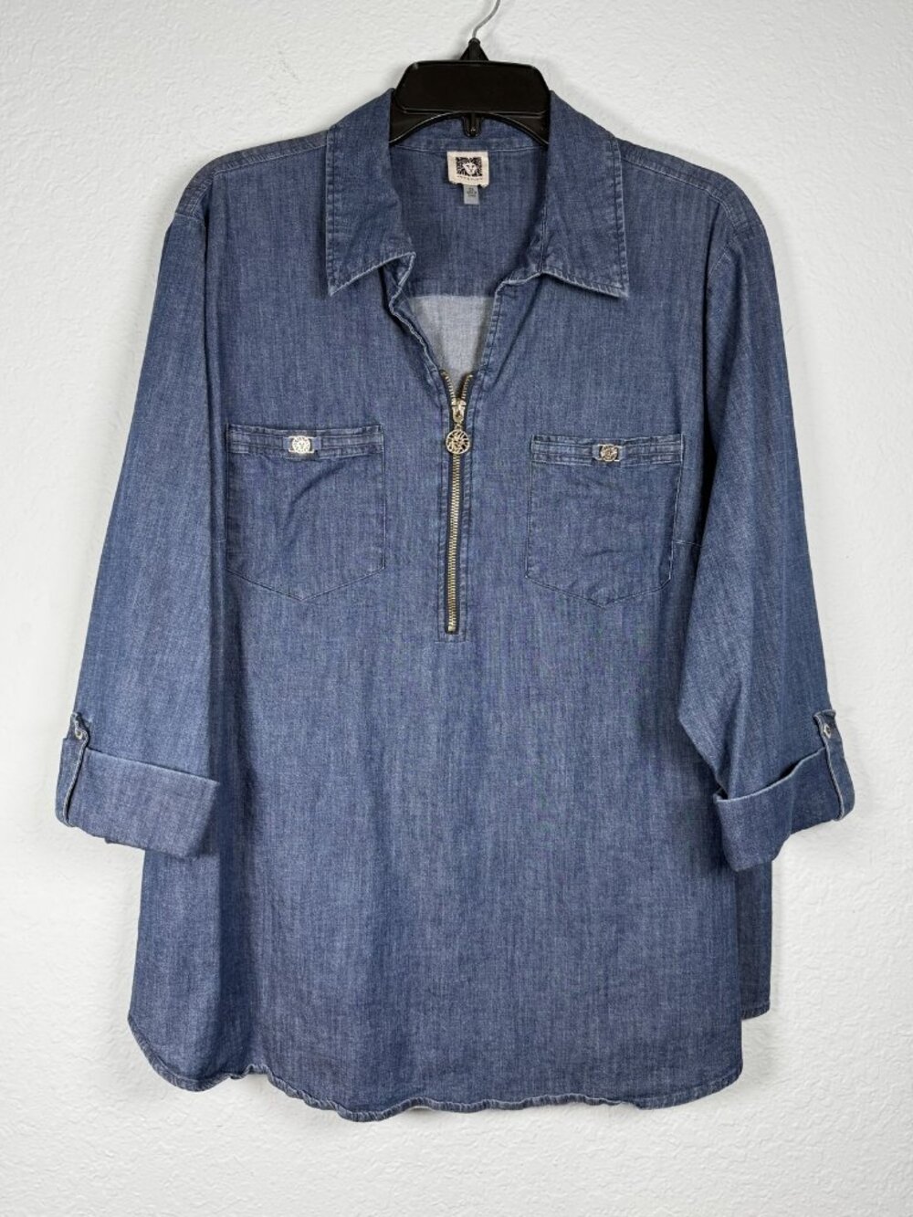 Anne Klein Denim Tunic Blouse Womens 2X Blue Zip Accent Cuffed Pullover Stretch